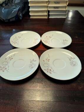 Set of 4 Fine China Teacup Saucers -5.75" - Yellow/Pink Rose Floral -Gold Trim
